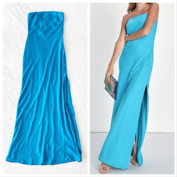 NWOT Lulus Exquisite Excellence Turquoise Satin Strapless Maxi Dress Large - Picture 1 of 7